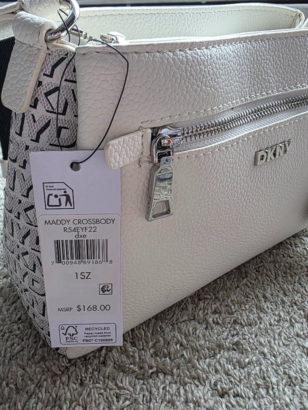 NWT DKNY Maddy Pebbled  Crossbody Bag White Cream Logo